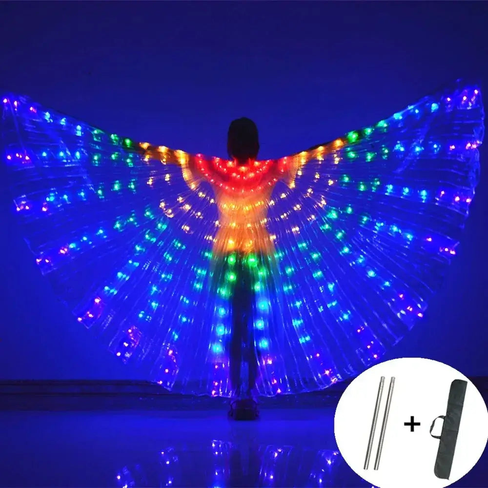 LED butterfly wings light-up dance costume with vibrant colors and included control sticks, perfect for festival performances.