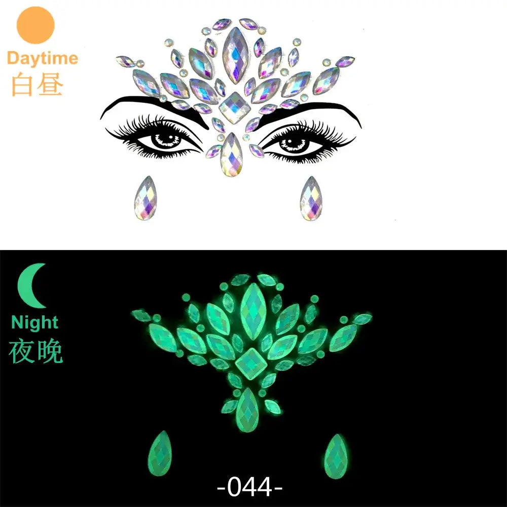 3D glowing rhinestone face stickers in daylight and luminous under UV light, perfect for festivals and music parties.