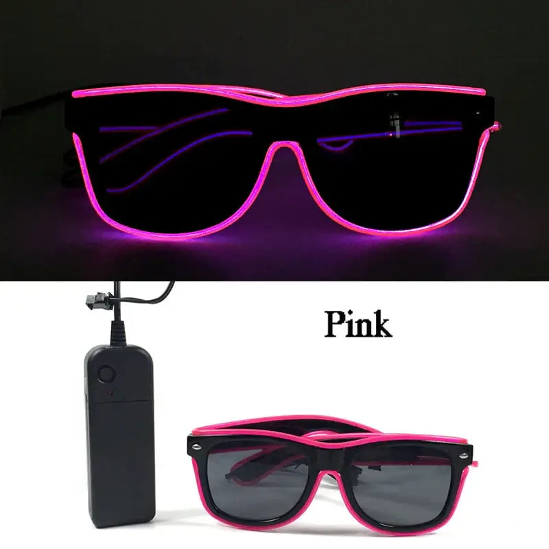 Pink LED glasses with EL wire design featuring glow modes, ideal for parties and celebrations, powered by 2 AA batteries.