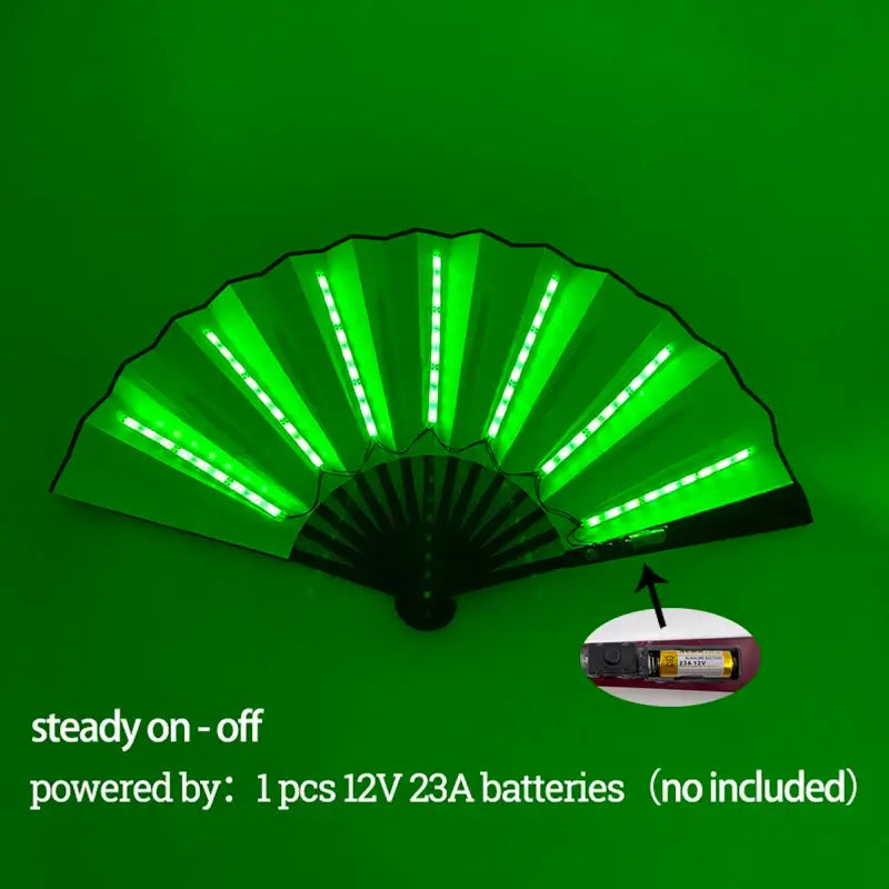 LED glow folding fan with green lights, shown open, powered by 12V 23A battery, perfect for dance performances and parties.