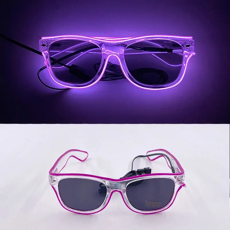 Glowing LED glasses with vibrant pink EL wire design, ideal for parties and celebrations, shown in steady and off modes.