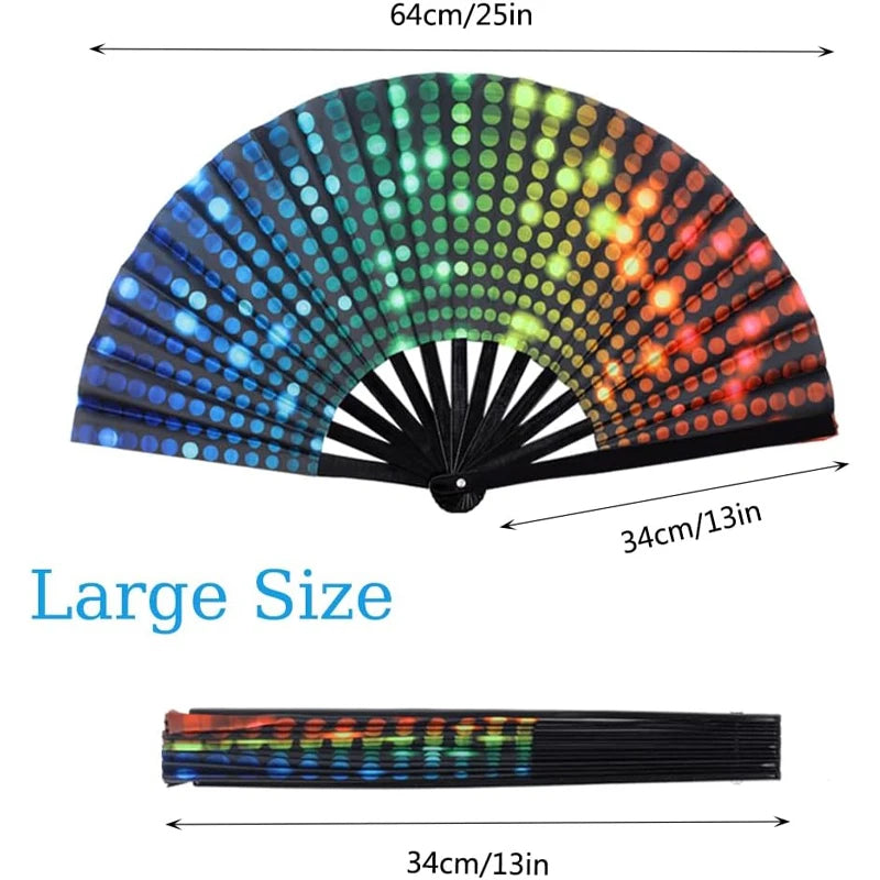 Large foldable handheld fan with vibrant reflective gradient colors, 25in open size, perfect for festivals and dance events.