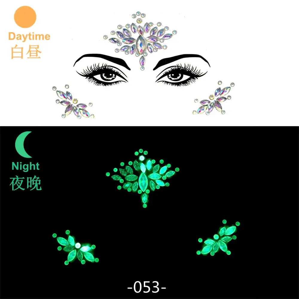 3D glowing rhinestone face stickers for festival makeup, UV light luminous gems, daytime look vs. night glow效果