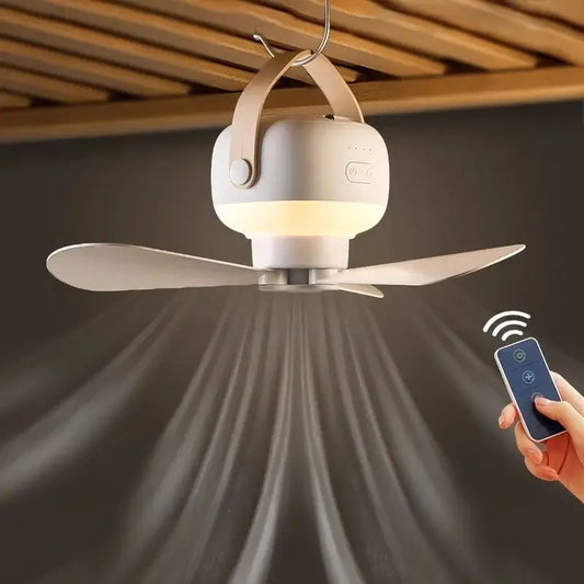 Portable mini ceiling fan with LED light and remote, USB rechargeable, ideal for home, camping, featuring adjustable speeds.