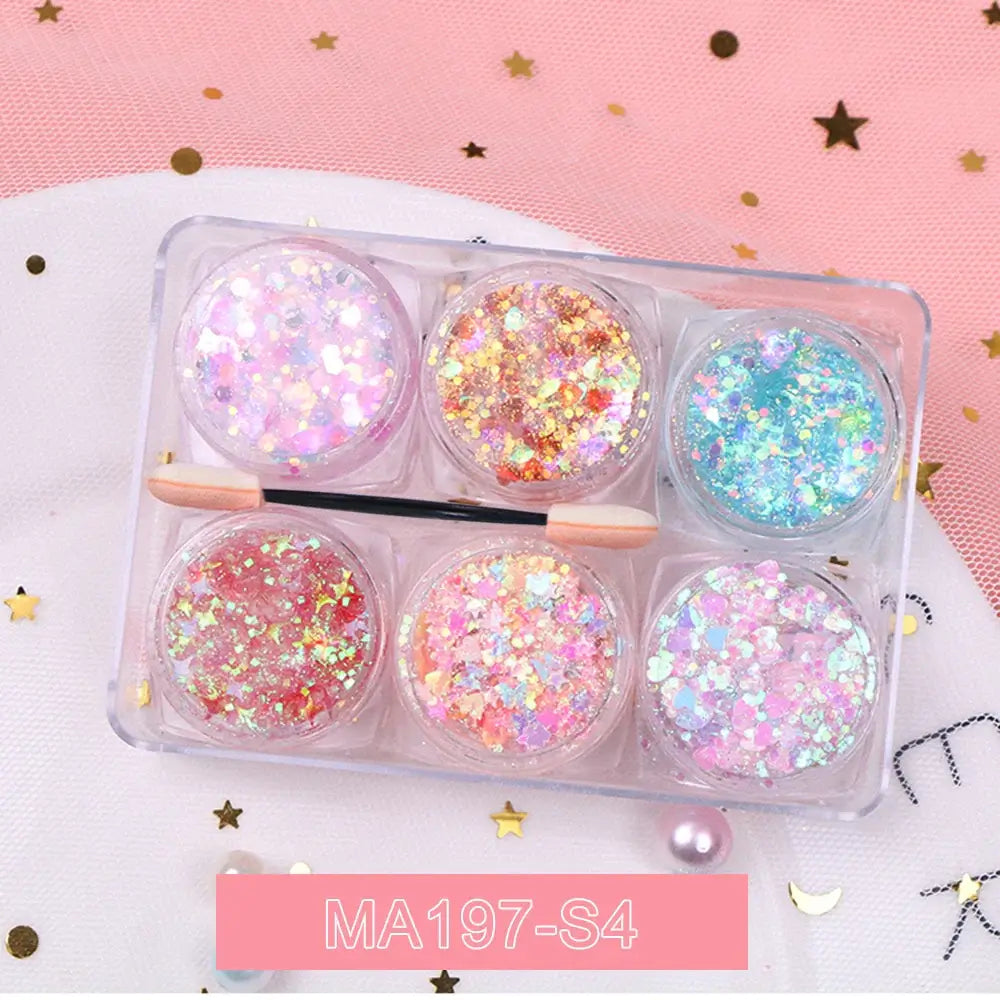 6 Jars Glitter Gel Set with Hearts, Stars, and Moon Sequins for Festival Makeup on Face, Hair, and Body