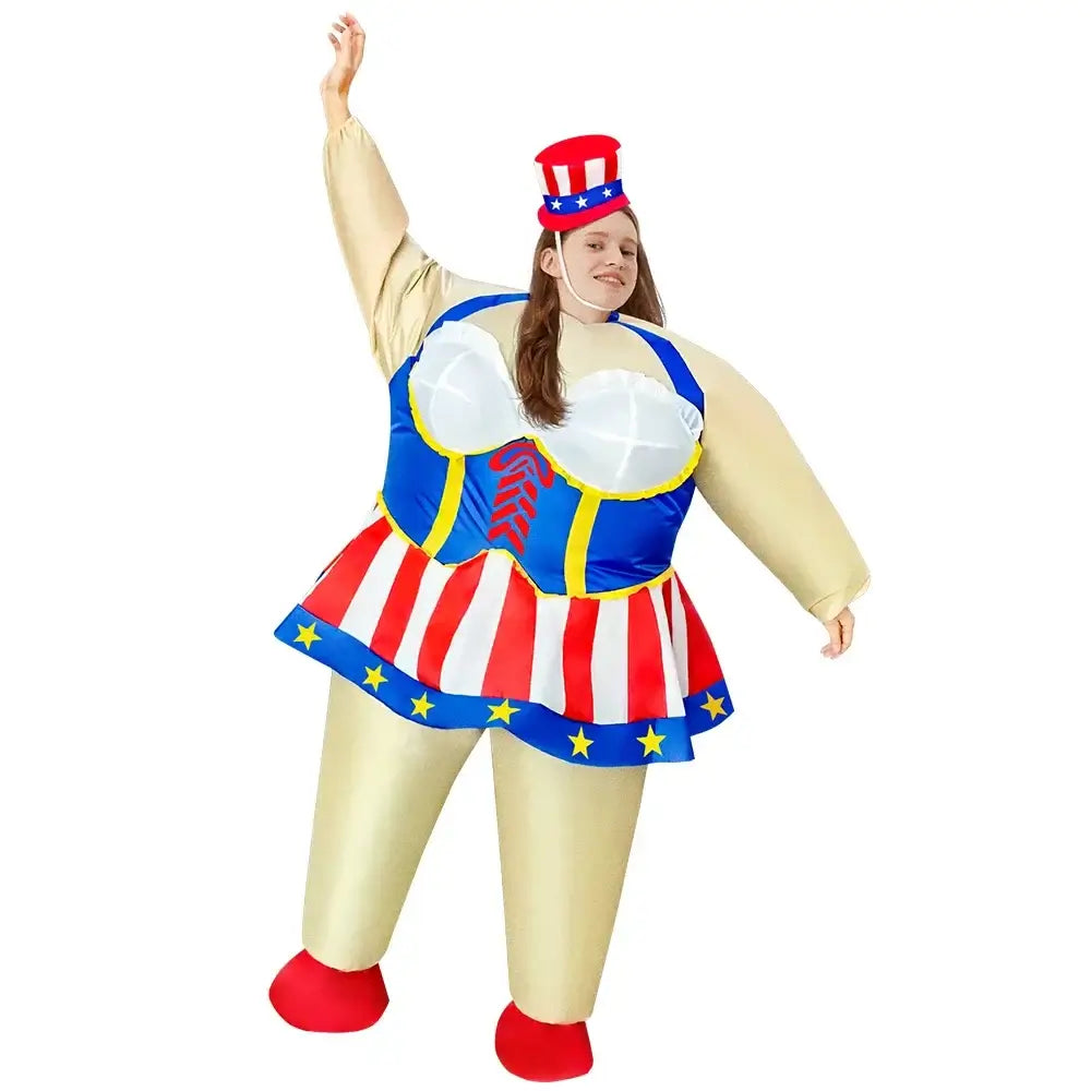 Vibrant inflatable clown costume for adults, perfect for festivals and events, featuring a colorful design with stars and stripes.