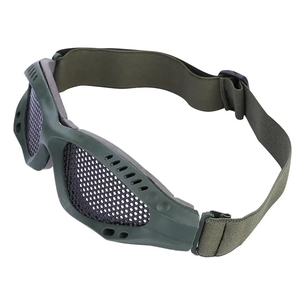 Green metal mesh festival goggles with adjustable strap for rave eye protection and comfort.