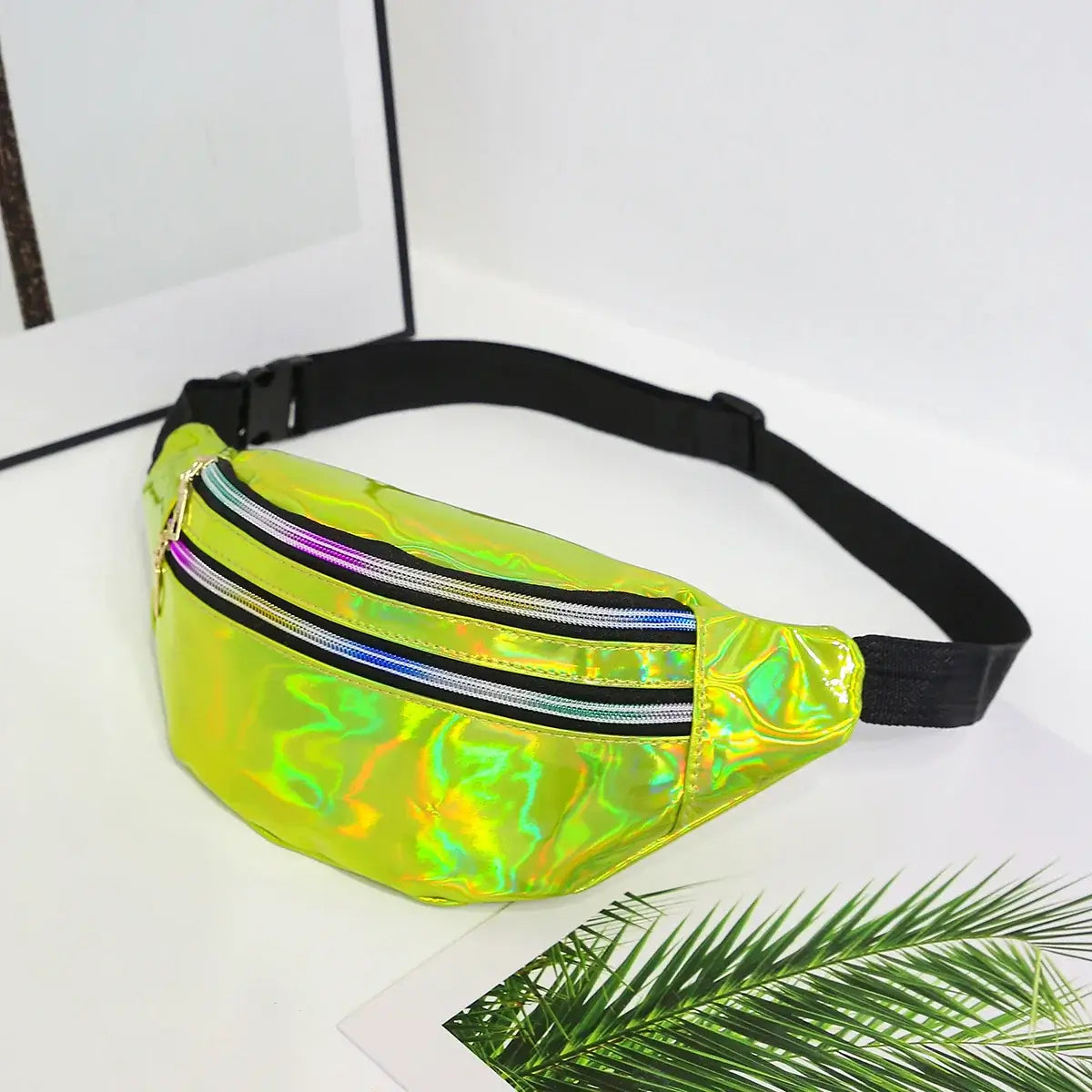 Unisex holographic laser waist bag in bright yellow with adjustable strap, perfect for festivals and travel, displayed with clean background.