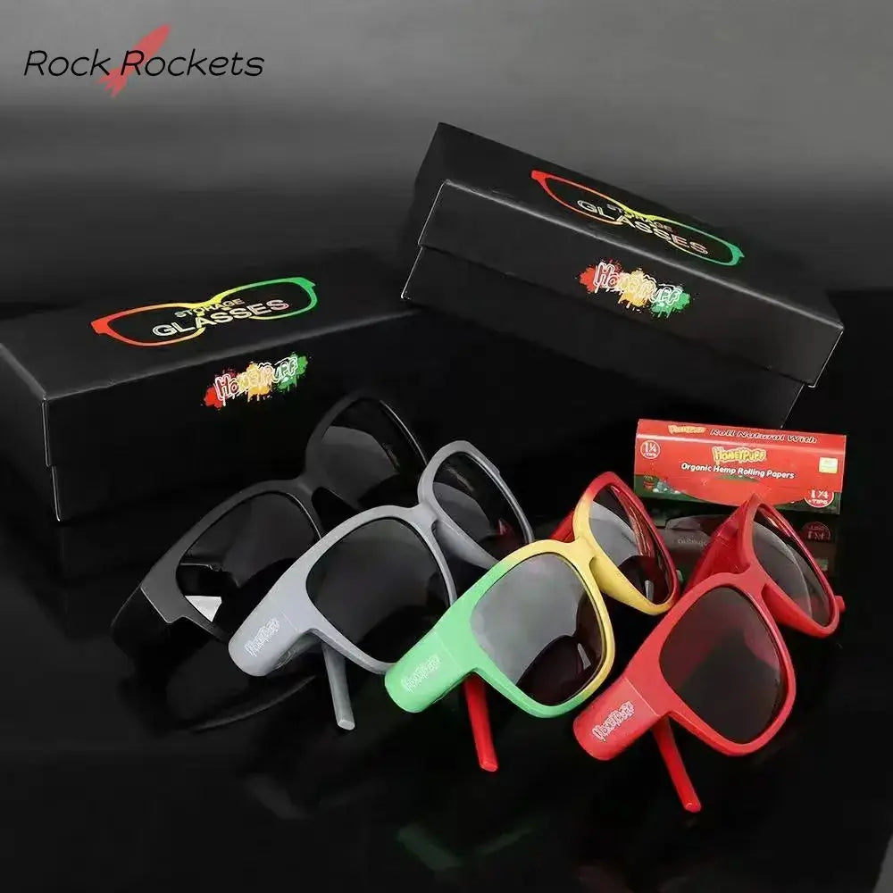 Stylish sunglasses with hidden storage compartment, featuring colorful frames and discreet design for smoking accessories.