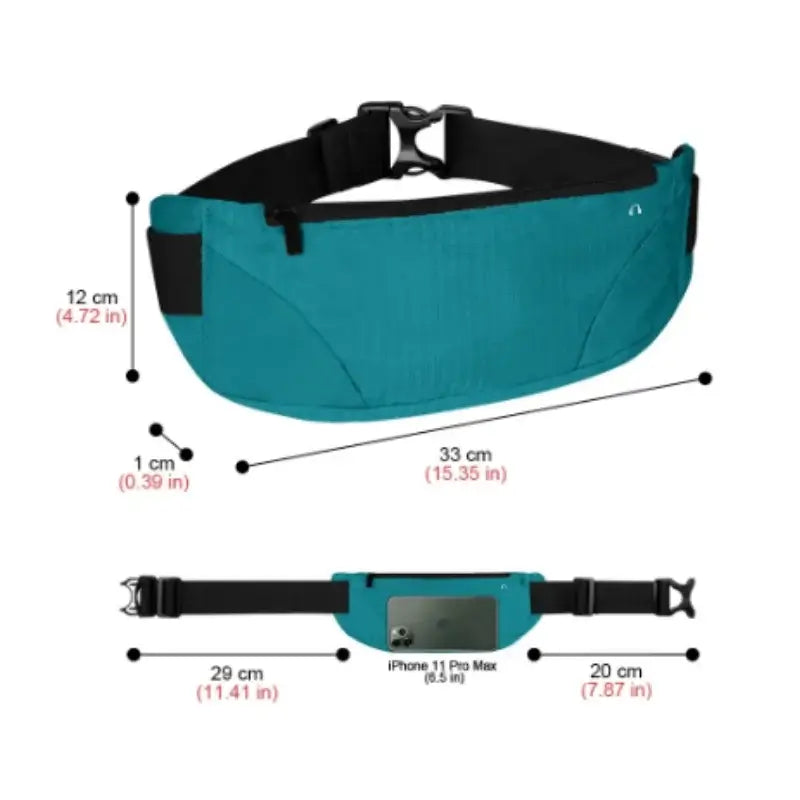 Waterproof waist pack with phone pocket, teal color, dimensions shown, ideal for festivals and parties.