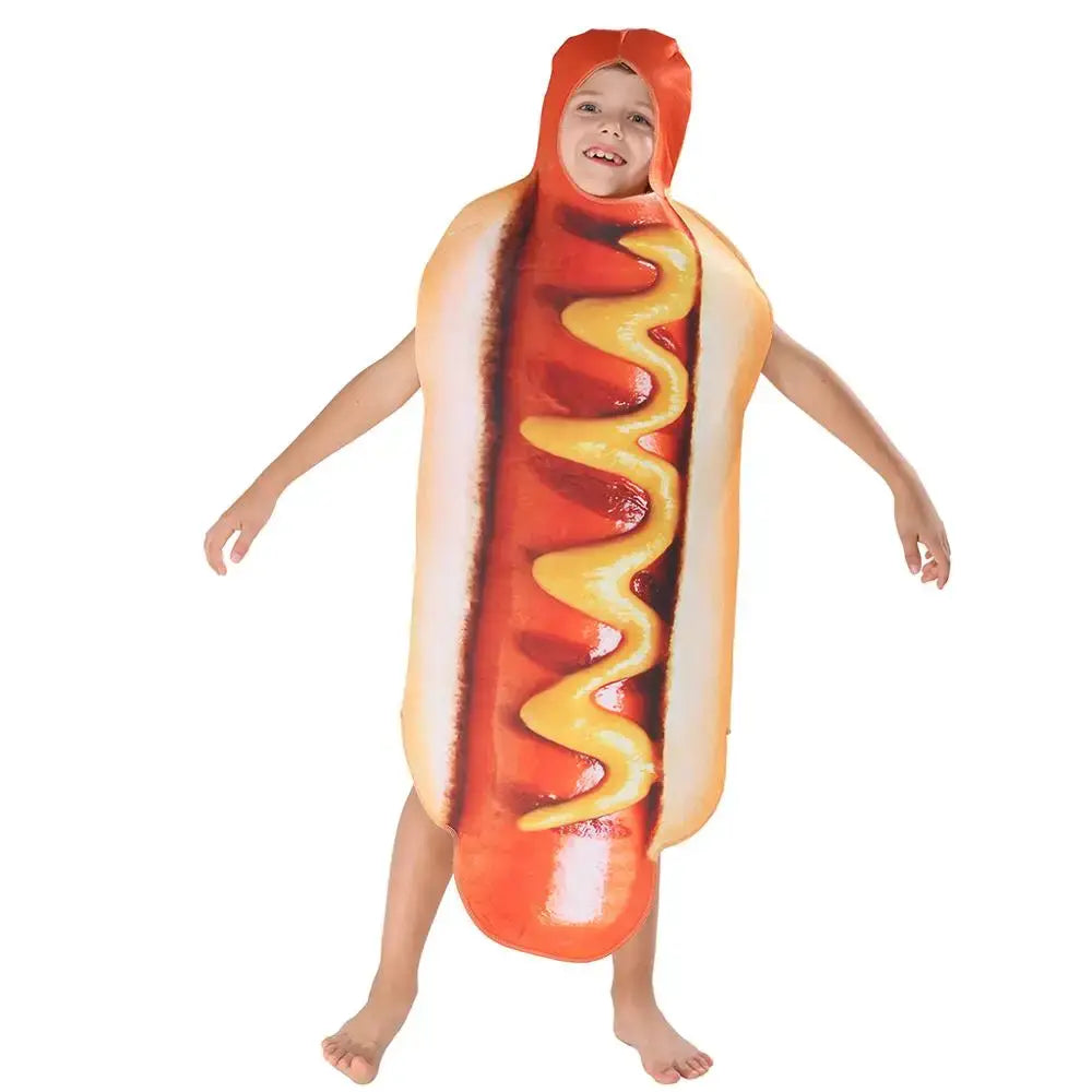 Child wearing a funny 3D hot dog costume with sausage and bun print; ideal for festivals and events.