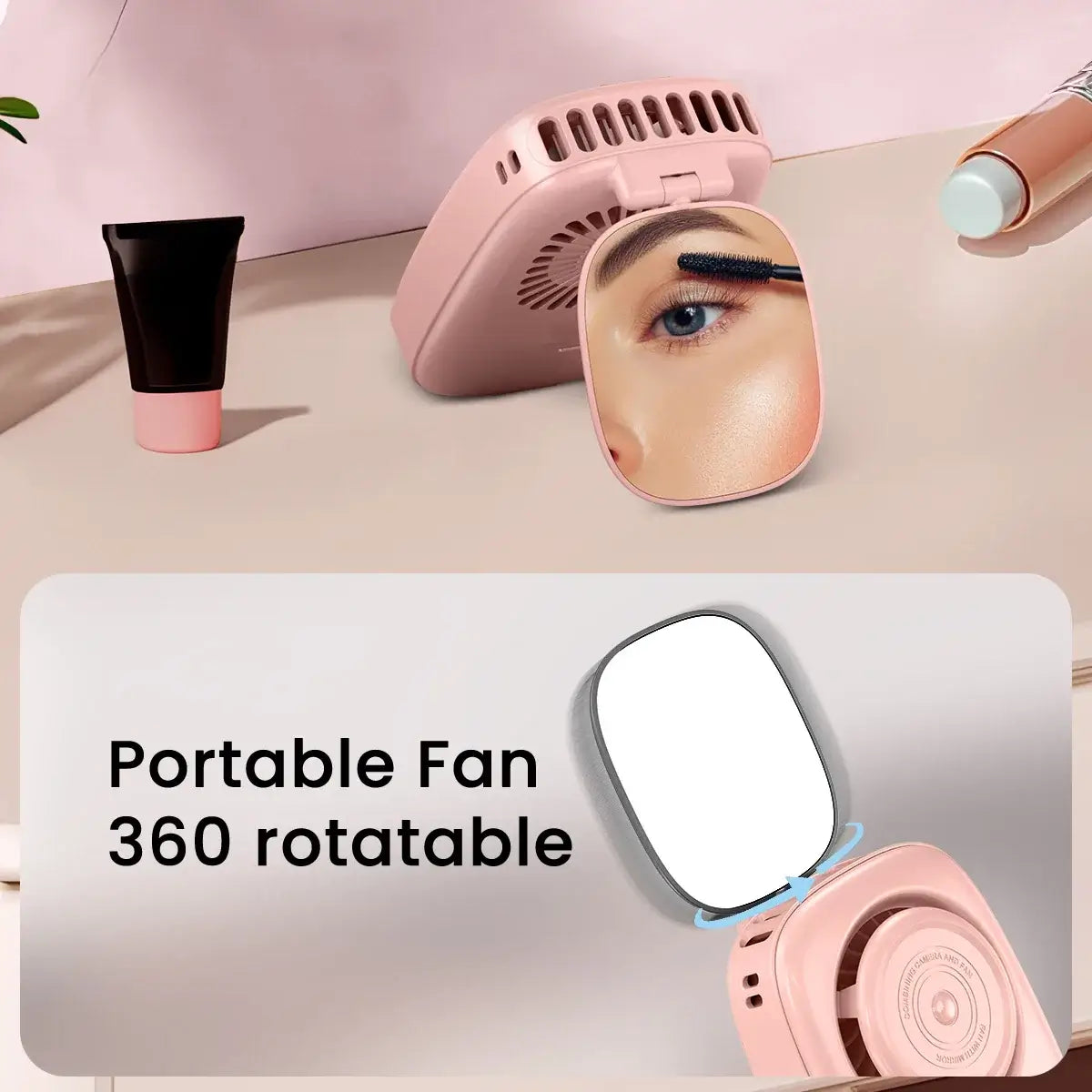 Portable Gaiatop Mini Fan with Makeup Mirror and 360° rotation for travel and makeup, shown on a tabletop with cosmetics.