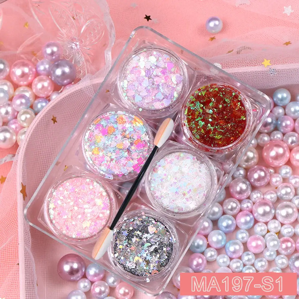 "6 Jars Glitter Gel Set with Hearts, Stars, Moon Sequins on Pearly Background for Festival Makeup"