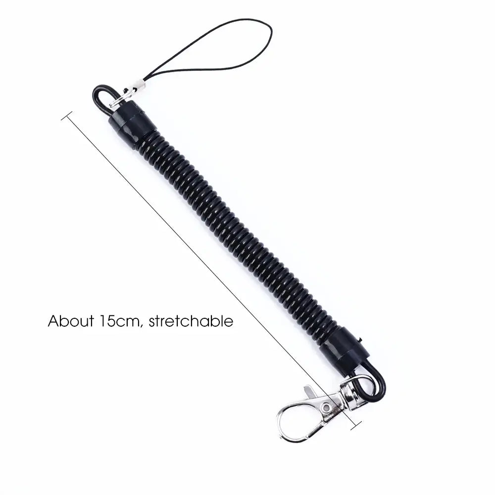 Anti-theft spring lanyard phone strap, 15cm stretchable, with clip and loop for festivals and raves.