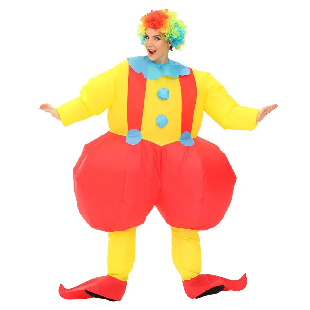 Adult wearing a vibrant inflatable clown costume with red and yellow colors, perfect for festivals and events.