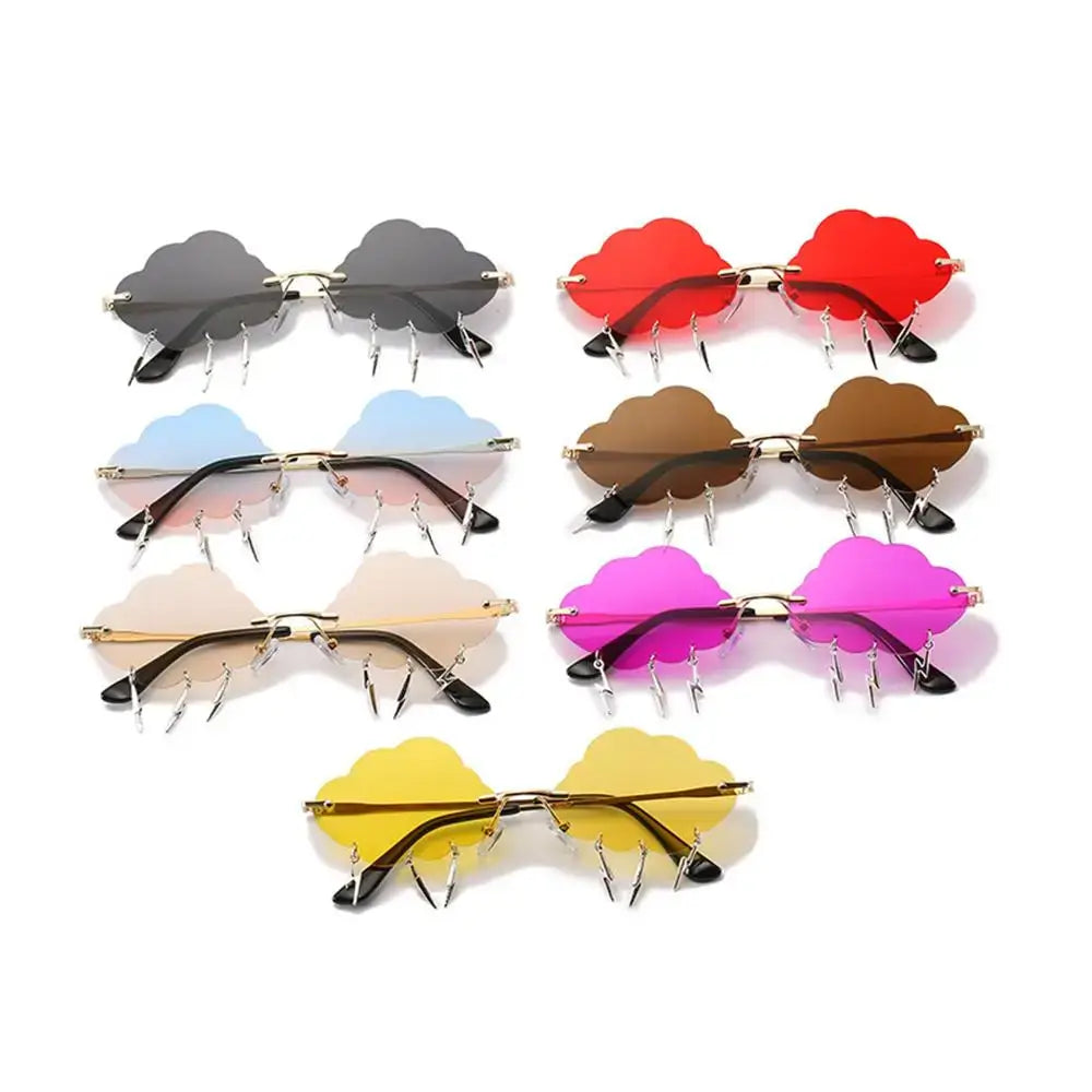 Retro cloud-shaped sunglasses with colorful rimless design and lightning details, perfect for 90s disco parties.