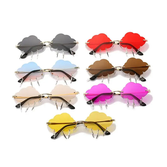 Retro cloud-shaped sunglasses with colorful rimless design and lightning details, perfect for 90s disco parties.