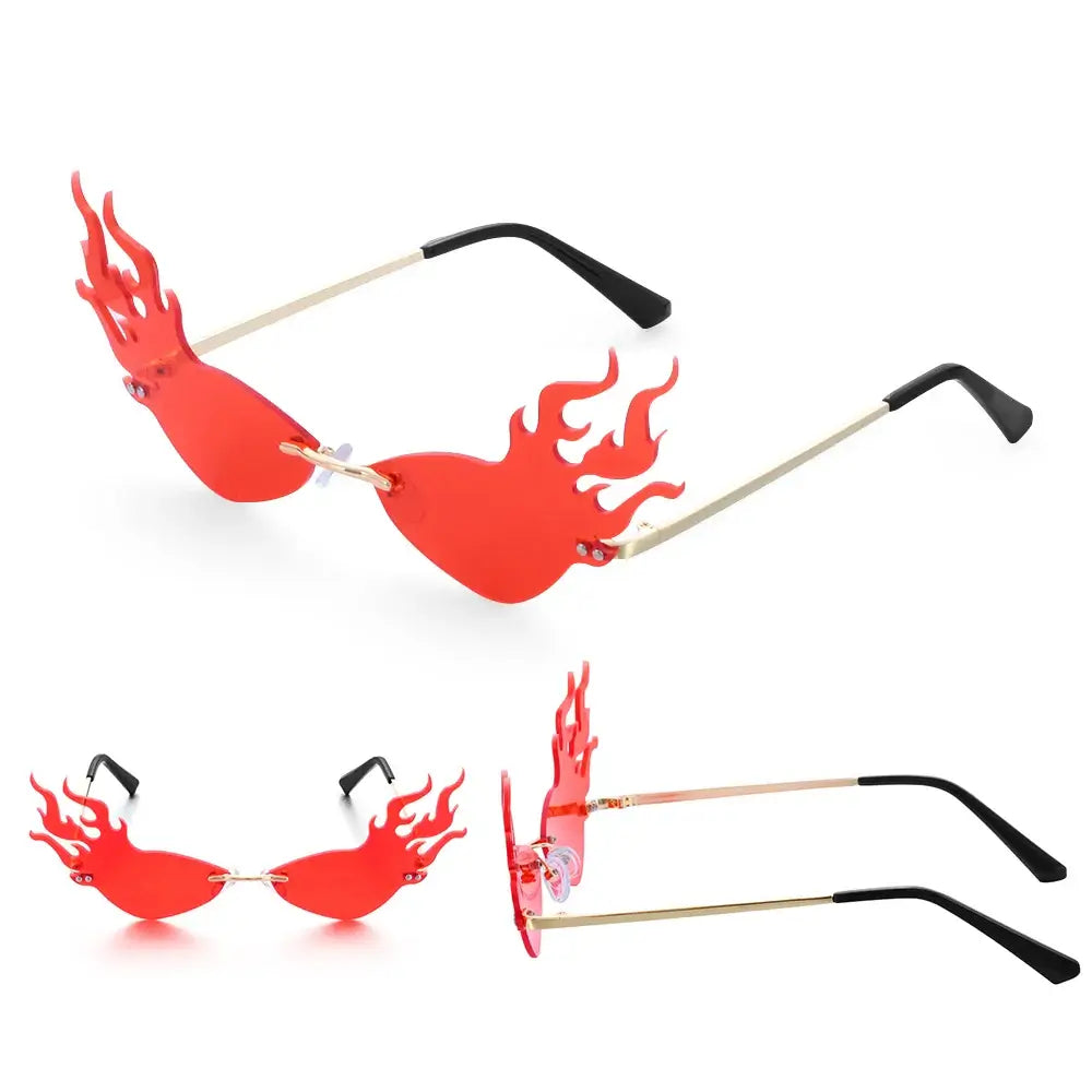 Red flame sunglasses with rimless design and UV400 protection, showcasing trendy and bold eyewear for fashion-forward individuals.