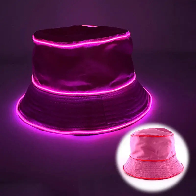 LED glowing bucket hat in neon pink, perfect for parties and beach outings, showcasing vibrant colors and stylish design.