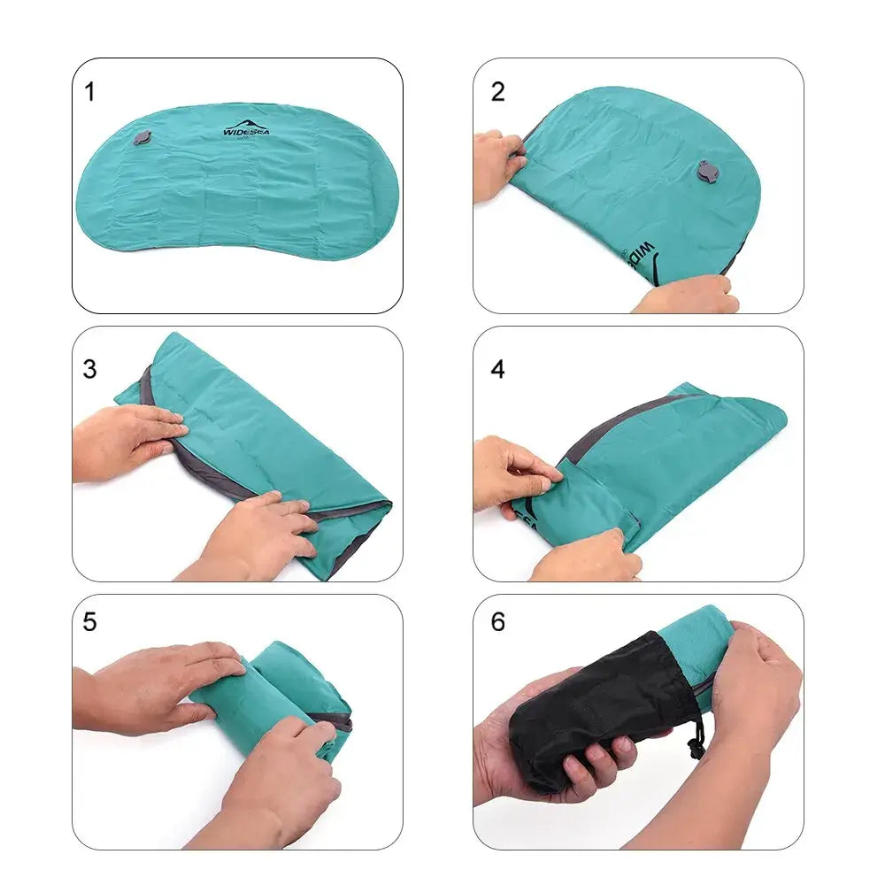 Step-by-step folding of Widesea inflatable camping pillow for compact storage and easy portability.