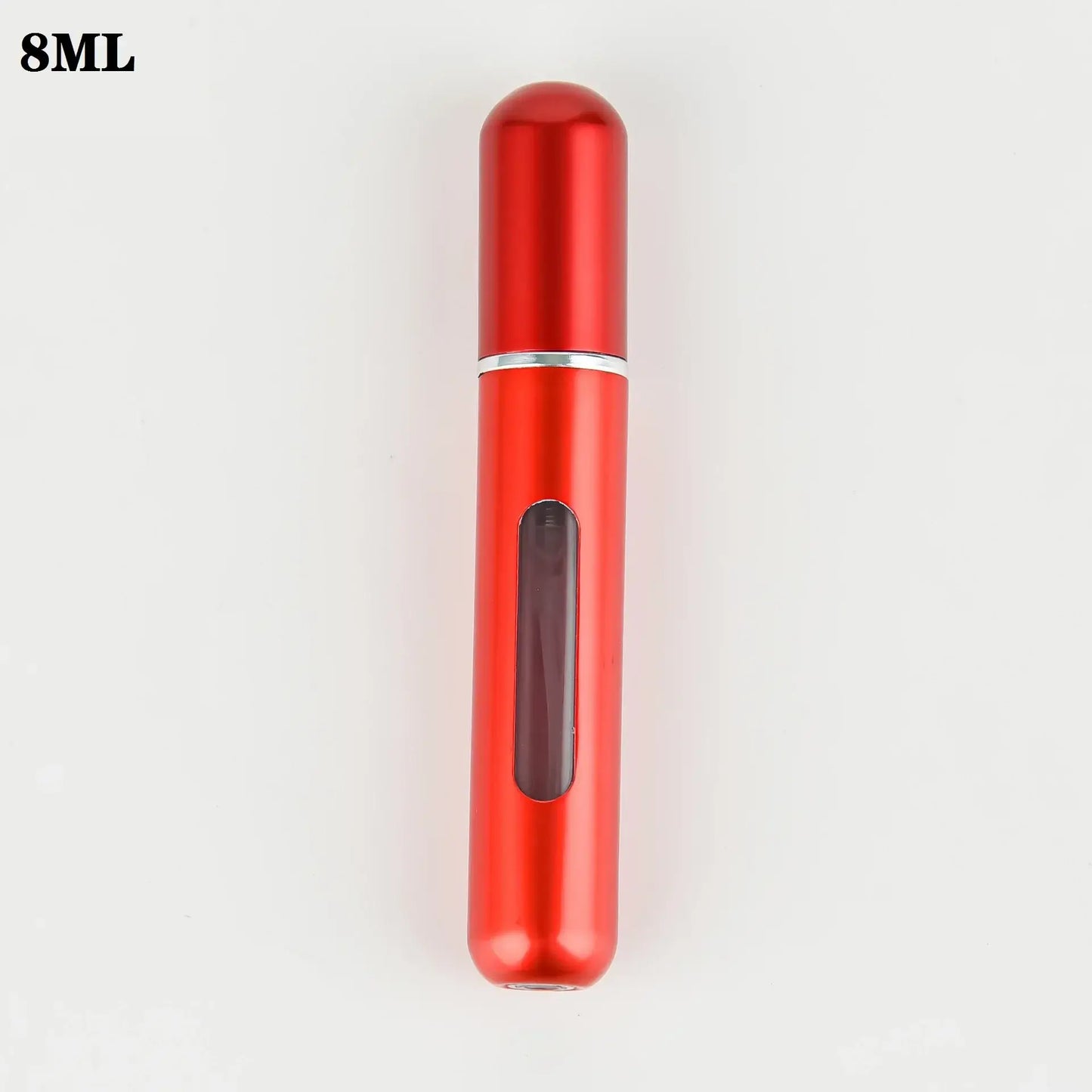 Red 8ml portable refillable perfume atomizer bottle, compact for travel and compatible with perfume nozzles.