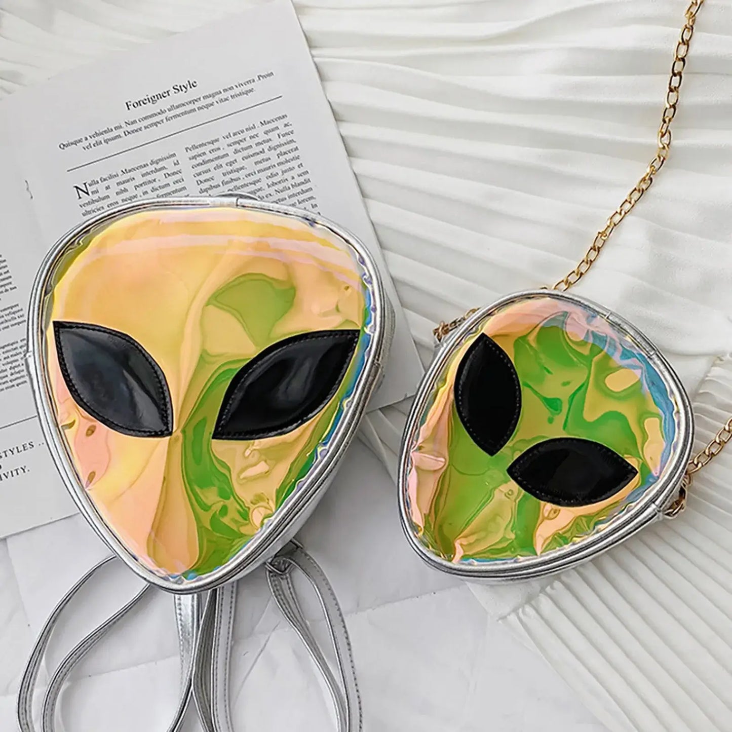 Alien head transparent jelly shoulder bags for rave and festivals, stylish PU+PVC design in small and large sizes.