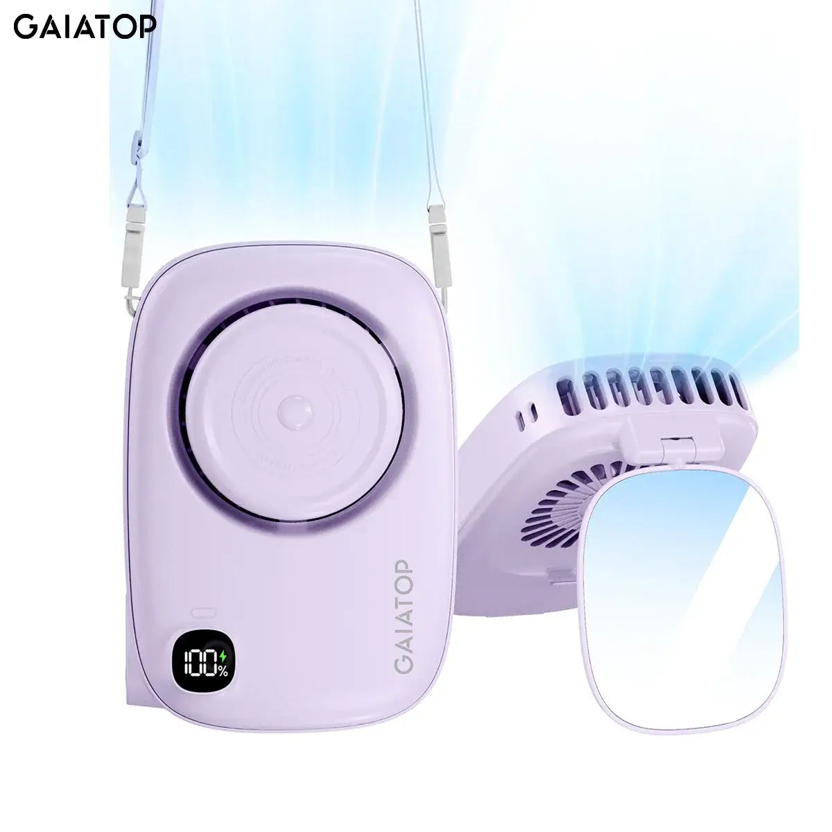 Gaiatop Mini Fan with integrated makeup mirror, showing portable design and USB rechargeable feature, ideal for travel.