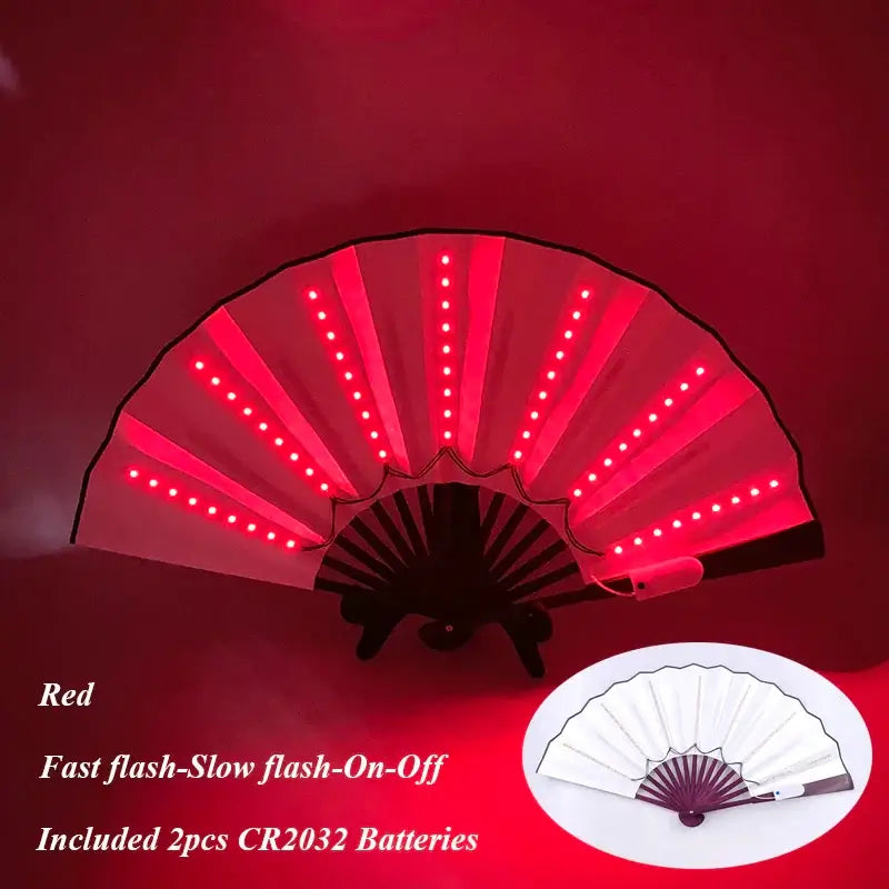 Red LED glow folding fan with fast and slow flash settings, includes 2 CR2032 batteries, perfect for dance and stage performances.