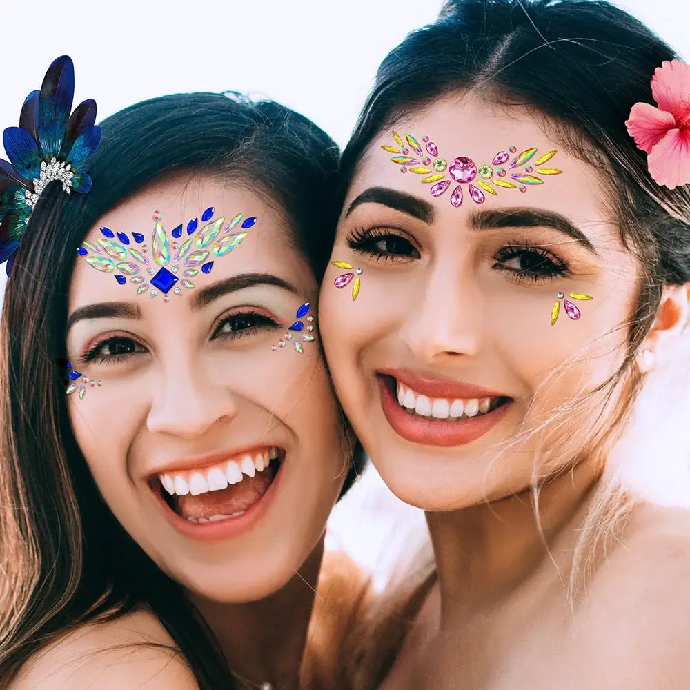 Two women wearing 6-piece mermaid face jewels with colorful rhinestones, perfect for festivals and party makeup.