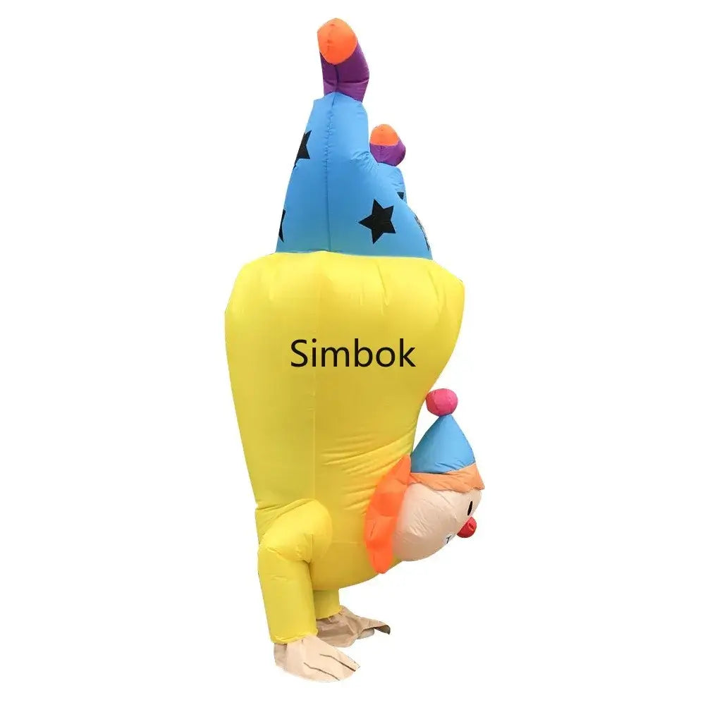 Inflatable clown costume for adults, vibrant yellow and blue design, perfect for festivals and events.