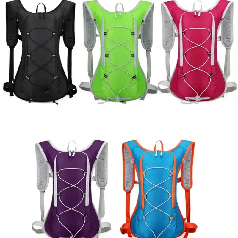 Five colorful 2L hydration backpacks for festivals and parties, featuring breathable mesh and a durable, waterproof design.