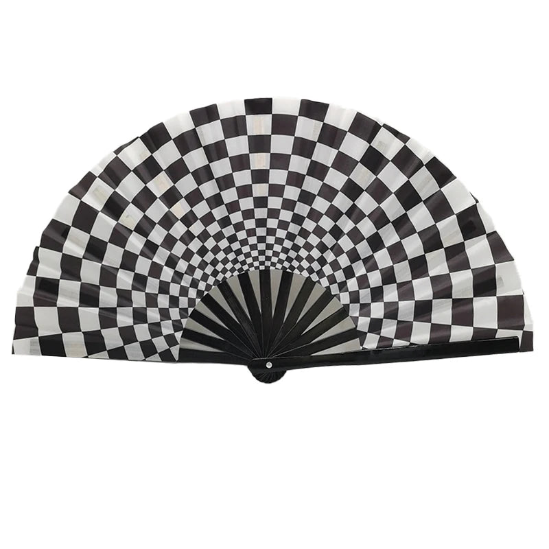 Black and white checkered foldable handheld fan for festivals and parties.