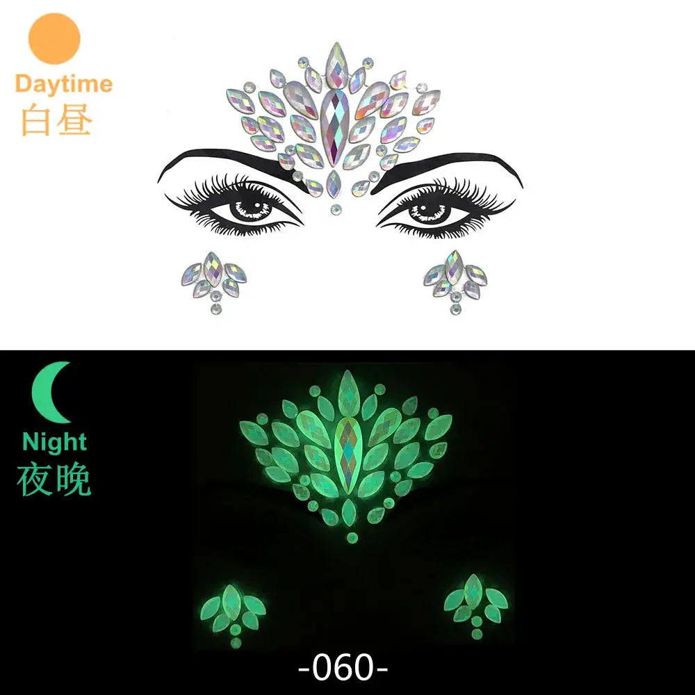 3D glowing rhinestone face stickers in daylight and UV light, perfect for festival makeup, revealing luminous face gems.