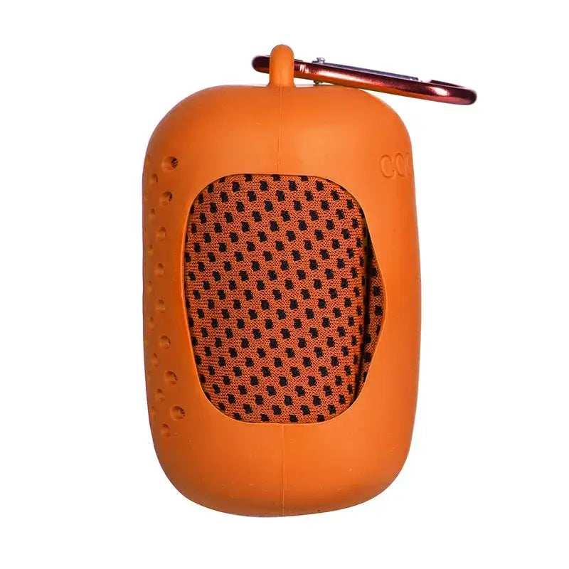 Orange portable speaker with carabiner clip, featuring a mesh design, ideal for outdoor activities and easy transportation.