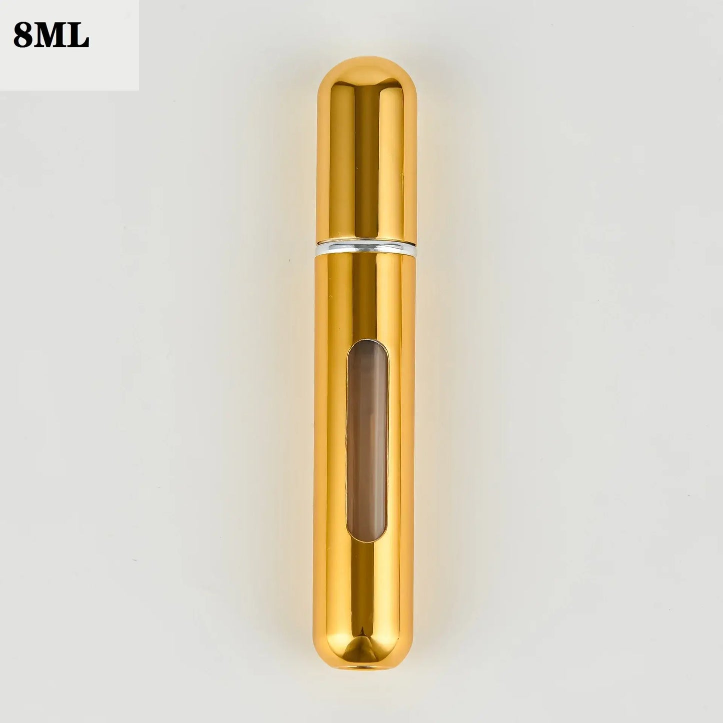 Portable 8ml refillable perfume atomizer bottle in gold, compact design for travel, vacuum-sealed for freshness optimizes spray performance.