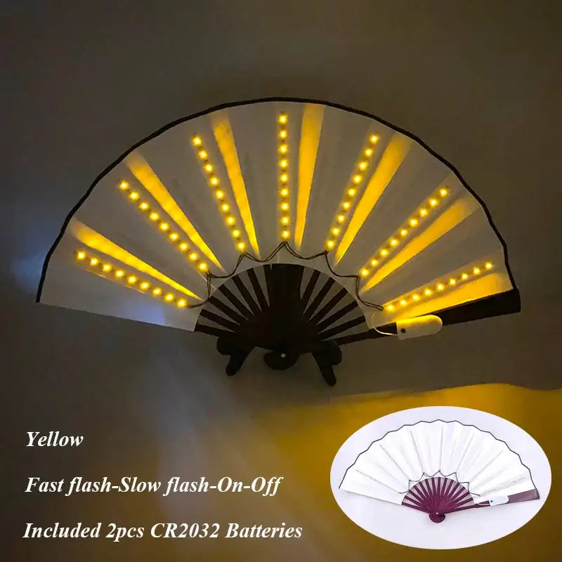 Yellow LED glow folding fan with fast and slow flash options, includes 2 CR2032 batteries; perfect for dance and stage performances.