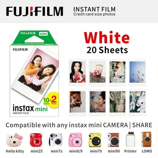 Instax Mini white film pack with sample photos and compatible cameras shown, perfect for capturing instant memories.