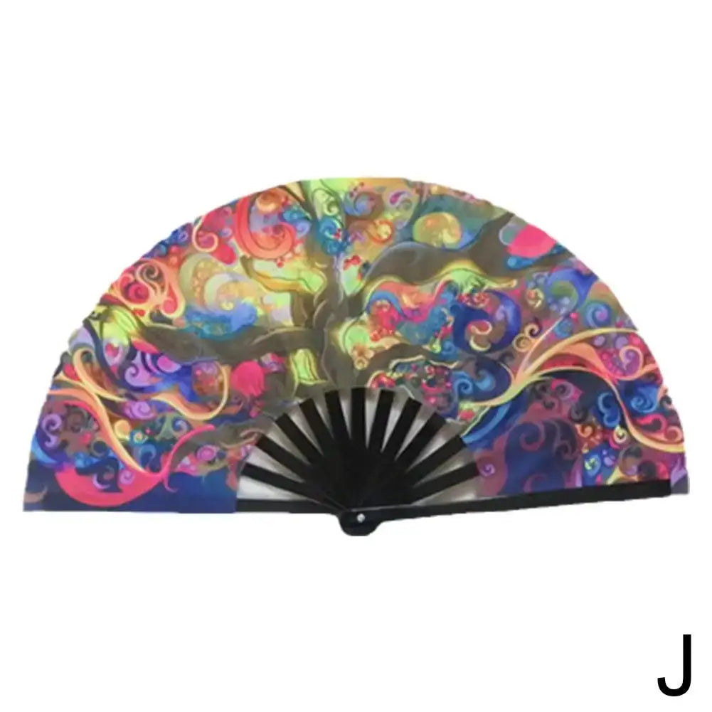 Colorful gradient reflective foldable rave fan with vibrant design, ideal for festivals and parties, made with bamboo ribs and quality fabric.