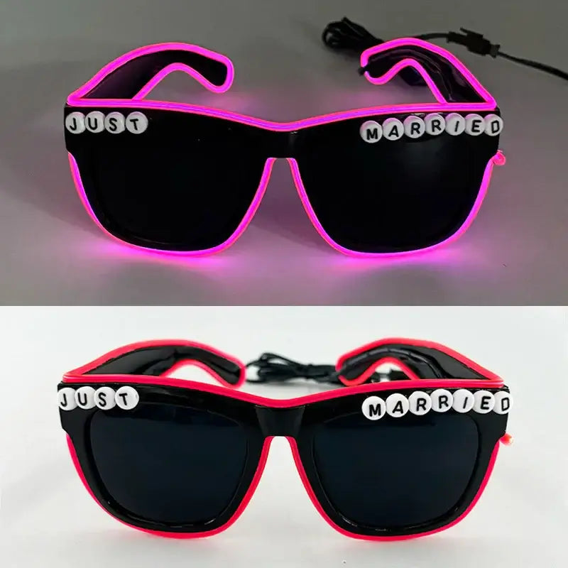 "Just Married LED Neon Party Glasses with Pink and Red Glow for Weddings and Celebrations"