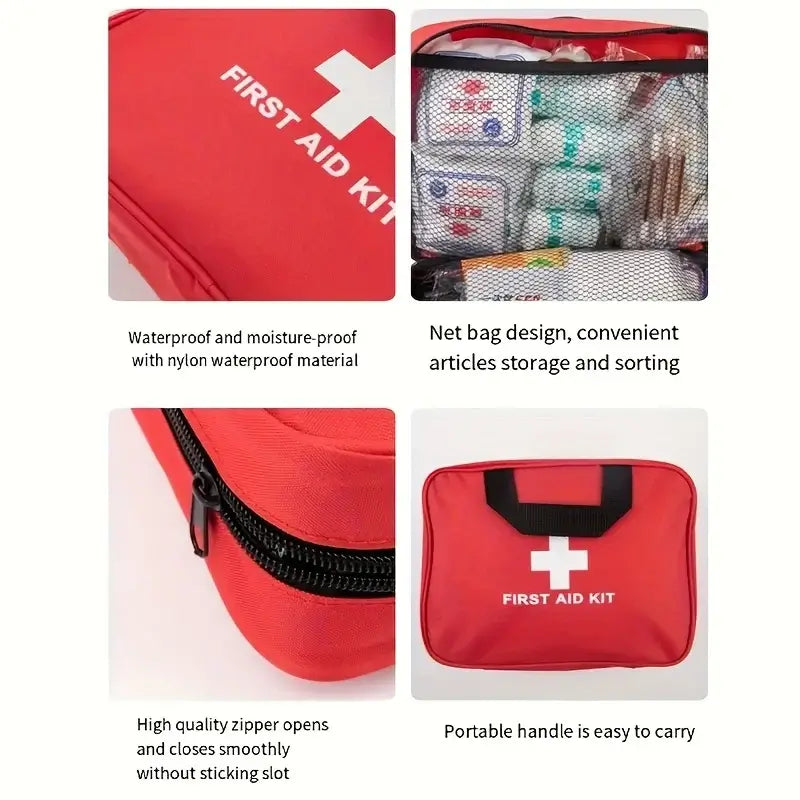 First aid kit with waterproof material, net bag design, high-quality zipper, and portable handle for easy carrying and storage.