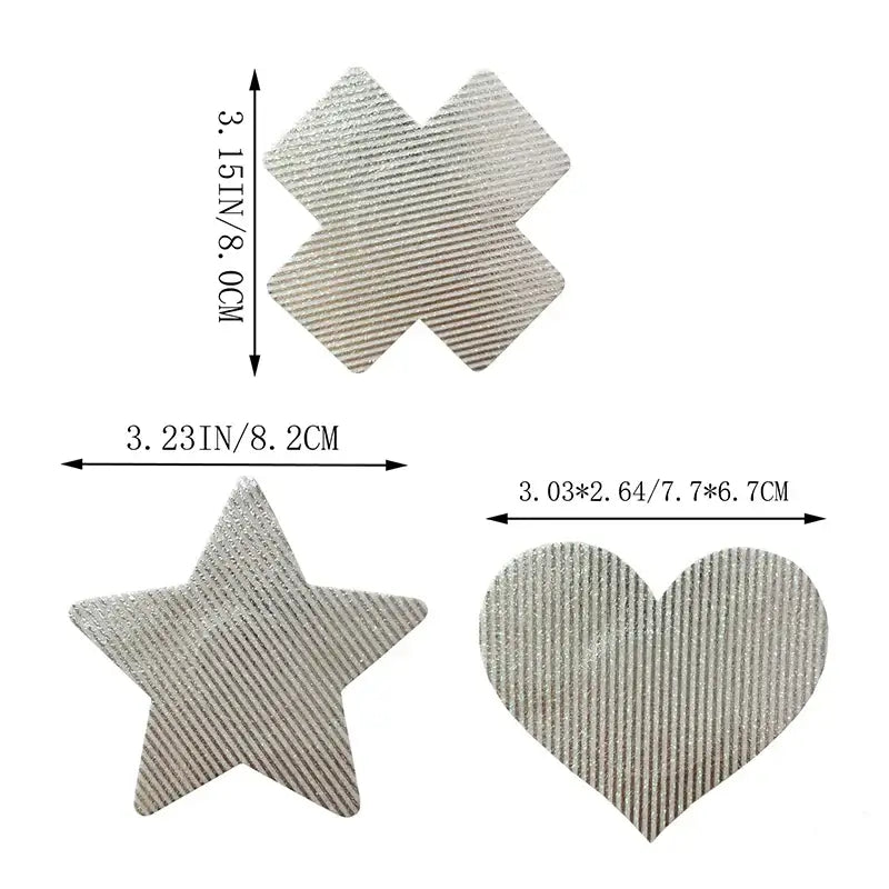 Ultra-thin laser sequin nipple covers in X, star, and heart shapes, showing dimensions in inches and centimeters.