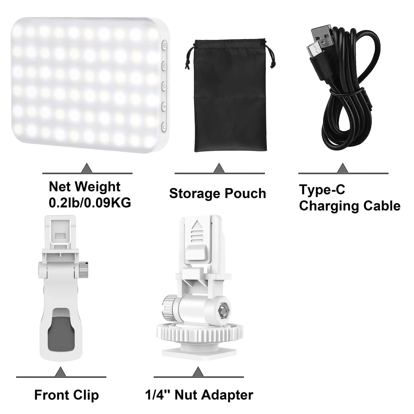 Portable LED Selfie Light Kit with 60 LEDs, front clip, Type-C cable, and storage pouch for versatile lighting and easy transport.