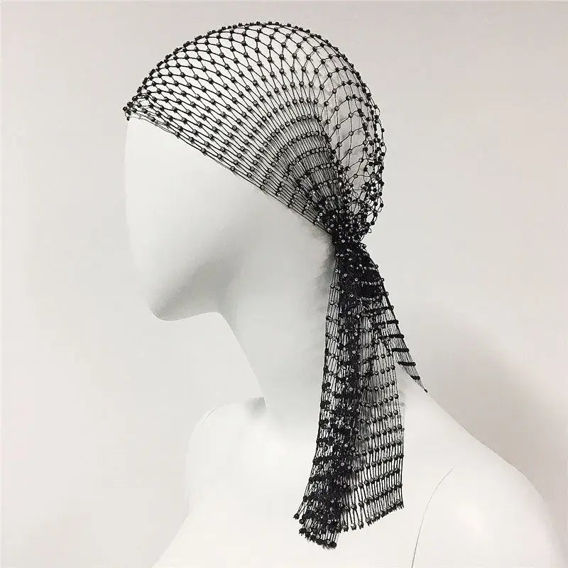 Crystal rhinestone fishnet headscarf on display, ideal for hip hop streetwear, rave outfits, and festival fashion.