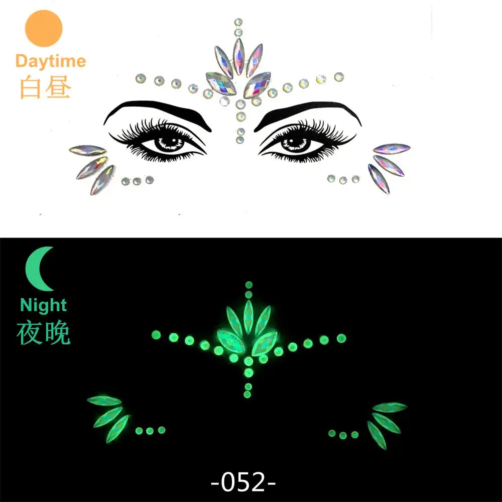 Luminous rhinestone face stickers showing daytime and glowing night effect for festival makeup.