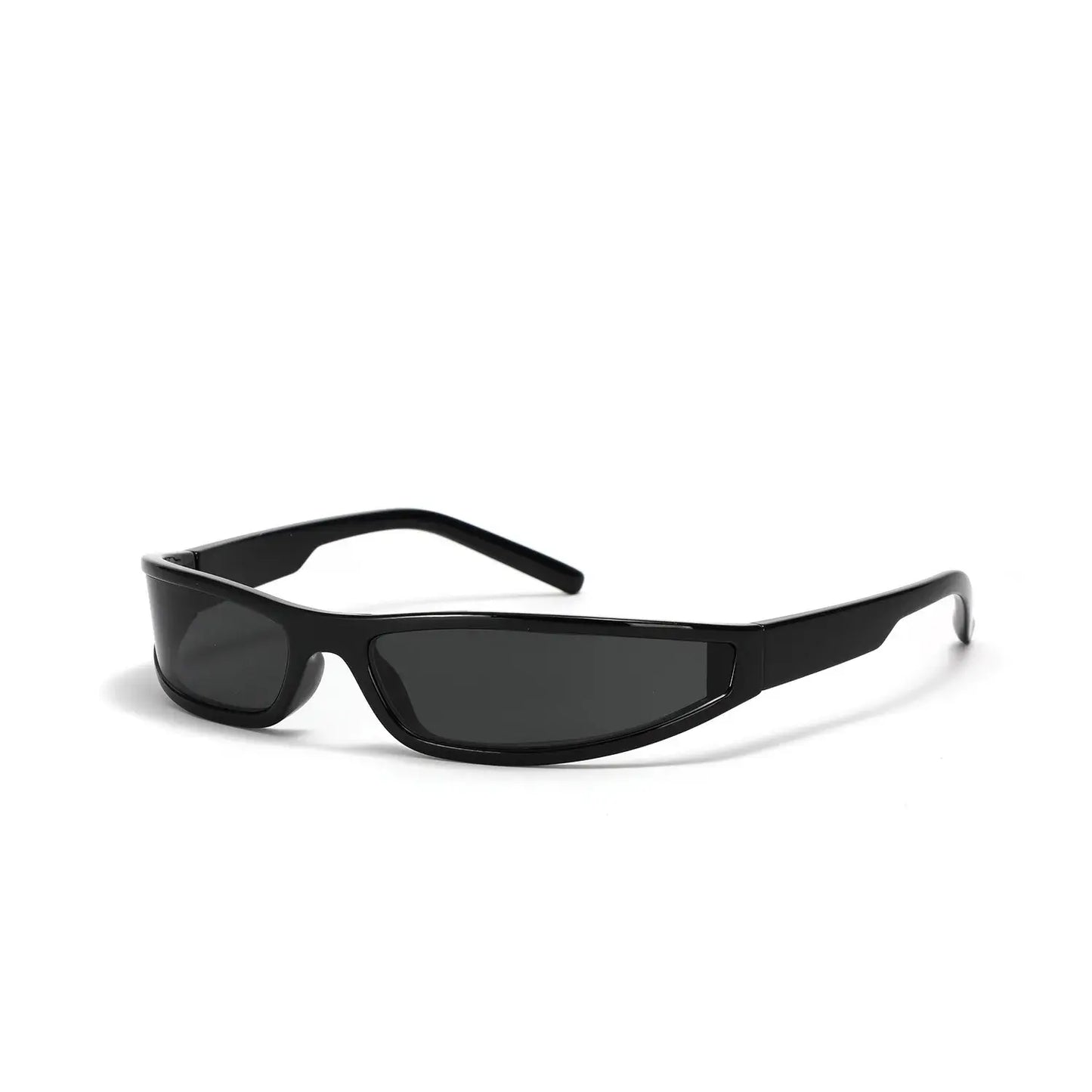 Y2K futuristic narrow frame sunglasses with black lenses, perfect for raves and festivals 2024, offering high UV protection.