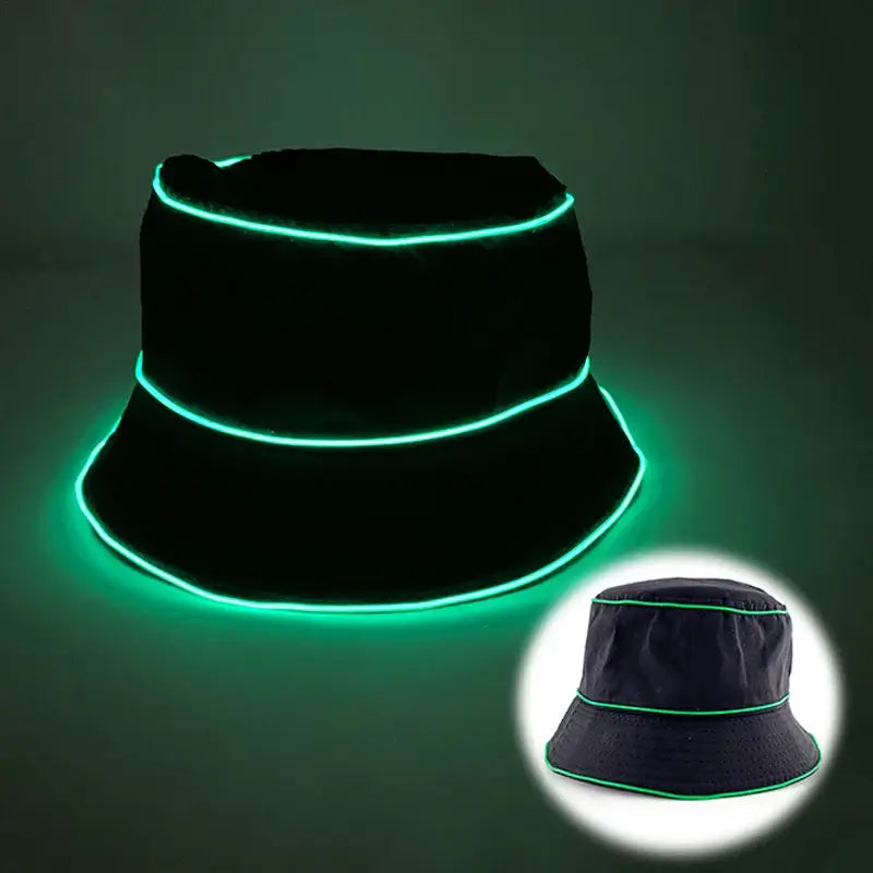 LED glowing bucket hat with neon light-up effect for beach and party, showcasing stylish design and color options.