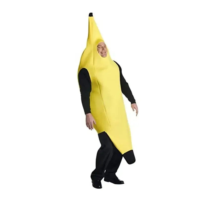 Adult in a funny banana costume, perfect for festivals and parties, featuring a vibrant yellow design with comfortable fit.