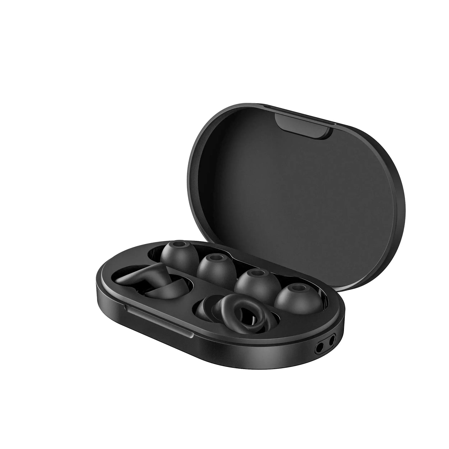 Noise reduction earplugs in a black compact carrying case for sleep, travel, and work