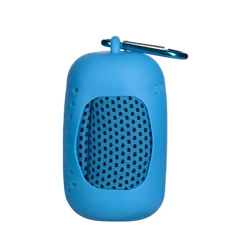 Blue microfiber quick-dry cooling sports towel in compact case with carabiner for easy shower and travel use.