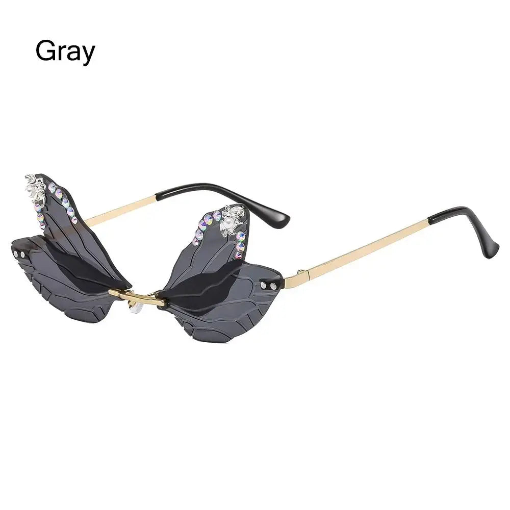 Dragonfly Wings Sunglasses with Bling Diamond Detail and Irregular Gray Frame for Luxury Fashion Parties